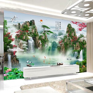 高山流水电视背景墙壁纸山水风景墙纸绿水青山客厅影视墙布8d壁画