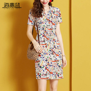 海青蓝奥莱短袖连衣裙女夏装时尚淑女印花v领显白衬衫裙中长裙子