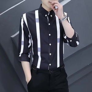 高端男士休闲中袖衬衫夏季冰丝雪纺韩版潮流修身大条纹衬衣七分袖
