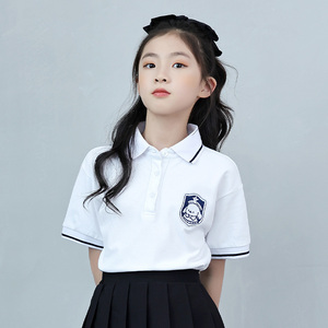 女童t恤短袖夏季新款Polo衫时髦女孩儿童学院风校服纯棉白色体恤