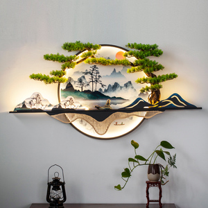 新中式挂画客厅茶室玄关背景墙上装饰画立体迎客松带灯铁艺壁饰