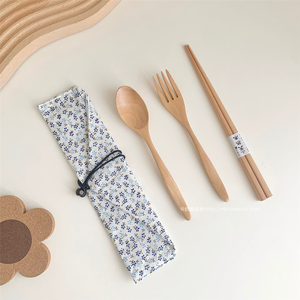 日式筷勺叉子三件套 ins风木质筷子勺子套装家用便携餐具带包装袋