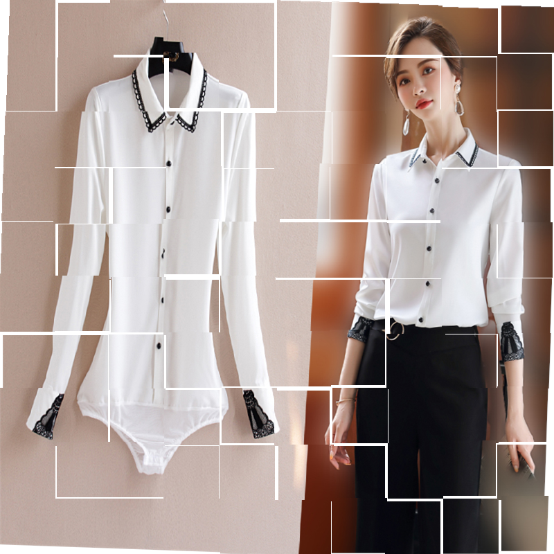 日本购连体衬衫女连裆上衣雪纺时尚衬衣带内裤优雅白洋气长袖防g