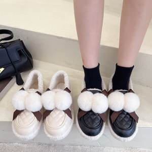熊猫拼色毛毛鞋女外穿2024冬季韩版百搭一脚蹬加绒平底毛球豆豆鞋