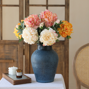 高档重瓣油画牡丹仿真花假花绢花仿干花客厅摆设新中式餐桌花摆件