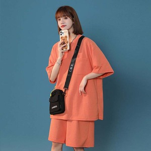 奶橘色短袖t恤女夏休闲运动两件套韩版宽松chic学生纯棉短裤套装