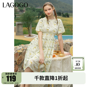 Lagogo拉谷谷夏季新款圆领泡泡袖碎花连衣裙女LALL304A63