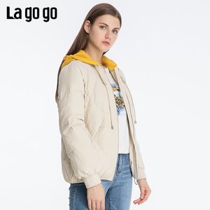 【礼遇价】Lagogo/拉谷谷新款撞色连帽白鸭绒短款羽绒服女
