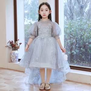 女童礼服走秀花童拖尾公主裙儿童婚纱裙蓬蓬纱小主持人钢琴演出服