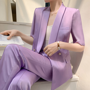 紫色西装套装女2024夏季新款休闲薄款正装高级感喇叭裤西服外套女