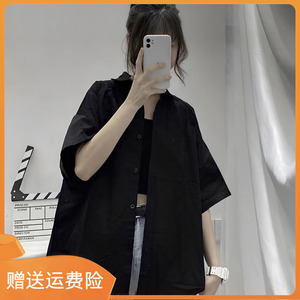 日系2024夏季新款复古港风黑色短袖衬衫女设计感宽松休闲叠穿上衣