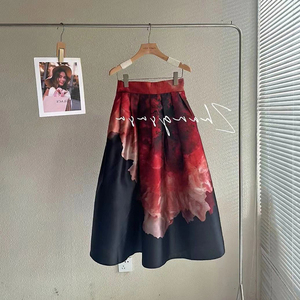 高级感超好看a字红色印花半身裙2023新款女春季裙子仙女超仙森系