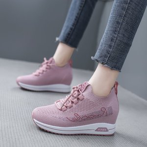 网面女鞋子2021新款飞织小白鞋厚底内增高运动百搭透气黑色旅游鞋