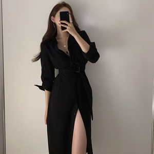 气质女神范长款衬衫连衣裙性感洋气高冷御姐风成熟开叉裙子女春秋