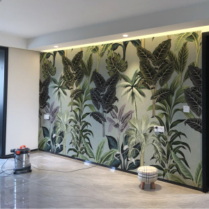 手绘北欧芭蕉叶墙布美式电视背景墙壁纸别墅酒店网红艺术定制壁画