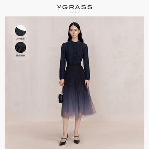 VGRASS渐变蓝色亮片纱裙冬季新款高端蕾丝群帘微弹内衬半身裙