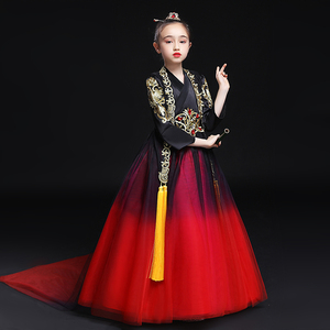 女童礼服公主裙拖尾国潮中国风模特古风走秀演出服高端儿童晚礼服