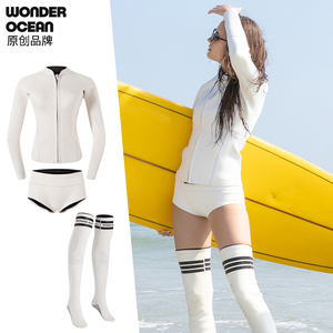 2mm潜水服分体高筒袜冲浪服防寒保暖女水母衣白色浮潜泳衣套装