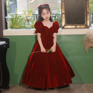 女童礼服轻奢小众高端红色公主裙儿童花童小主持人钢琴演出服秋冬