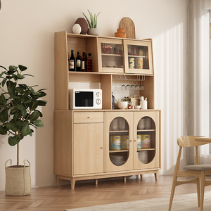 原木色餐边柜实木餐厅靠墙高柜日式现代简约微波炉置物架储物柜子