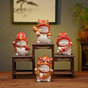 陶瓷舞狮招财猫摆件桌面办公室装饰乔迁店铺转运居家风水开业礼品