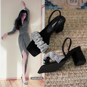 杨幂同款凉鞋女夏2022年新款水钻一字带粗跟气质仙女风时装高跟鞋