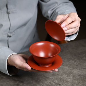 宜兴紫砂三才杯盖碗单个茶碗带盖泡茶杯大号防烫复古陶瓷功夫茶具