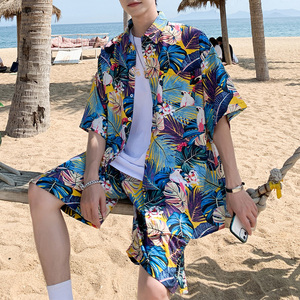夏威夷衬衫短裤男套装港风夏季薄款海边度假沙滩短袖花衬衣两件套