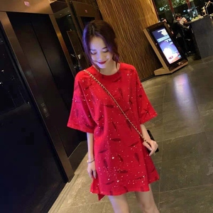 连衣裙女夏季2023新款短袖韩版宽松显瘦圆领中长款网红红色t恤裙
