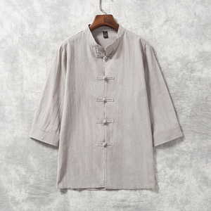 棉麻七分袖衬衫男立领薄款唐装衬衣亚麻对襟小褂纯色宽松夏天上衣