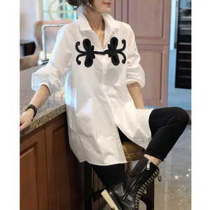 新中式白色衬衫女春秋季新款设计感小众宽松百搭中长款衬衣外套潮