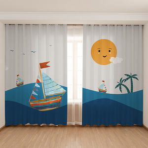 2024年新款卡通地中海海洋船帆灯塔航行儿童房男孩卧室遮光短窗帘