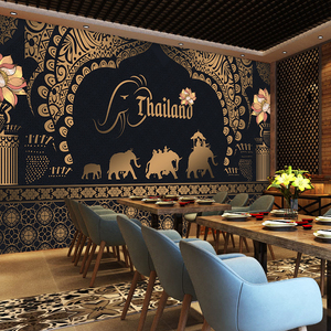 东南亚异域风情墙布泰式按摩会所背景墙壁画大象墙纸泰国餐厅壁纸