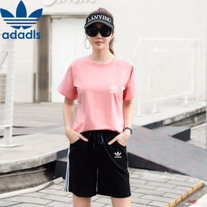 阿迪运动三叶草新款夏季休闲运动套装女士纯棉短袖t恤短裤两件套n