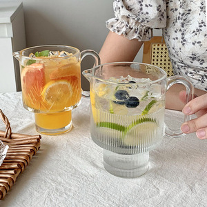 大容量水果茶玻璃杯子 ins风网红带把可叠透明喝水泡果汁冷饮料杯