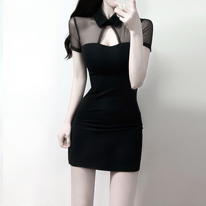 夏季新款女装显瘦镂空性感包臀裙子修身黑色复古少女旗袍连衣裙