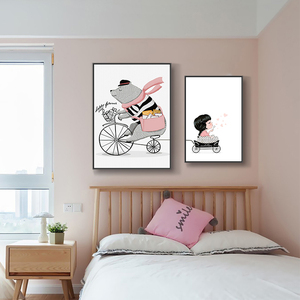 女孩与熊北欧儿童房装饰画男孩房间卡通创意组合壁画卧室床头挂画