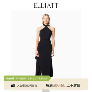 ELLIATT挂脖式连衣裙女优雅气质侧开叉黑色露背礼服长裙E7032432
