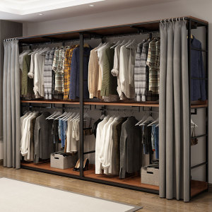 步入式衣帽间置物架开放式金属架子衣柜铁艺衣架卧室挂衣架带帘子