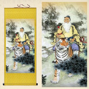 药王孙思邈跨虎图卷轴画药店诊所挂画中医养生馆装饰丝绸画可定制