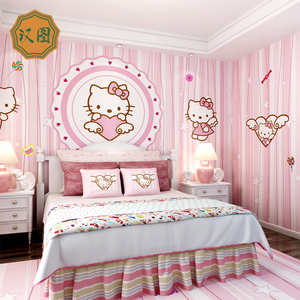 哈喽kitty墙纸公主房粉色墙布凯蒂猫儿童房壁纸女孩卧室装饰壁画