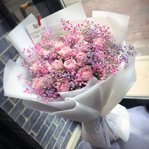 全国红粉玫瑰花满天星花束鲜花速递同城生日礼物广州北京配送女友