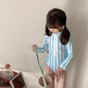女童泳衣宝宝连体可爱条纹游泳衣小女孩速干温泉沙滩儿童泳装韩版