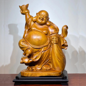 香樟木弥勒佛摆件笑佛笑口常开纳福根雕木雕佛像大肚人物