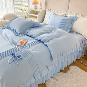 韩式公主风加厚夹棉床盖床裙式四件套少女心花边被套床单床罩床笠