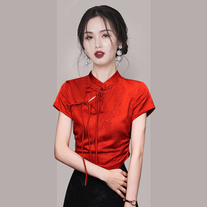 新中式国风复古衬衫女2024夏季新款气质减龄时尚红色立领短款上衣