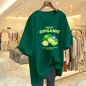 长款柠檬印花墨绿色短袖t恤女长款欧货大版2024年夏新款上衣ins潮