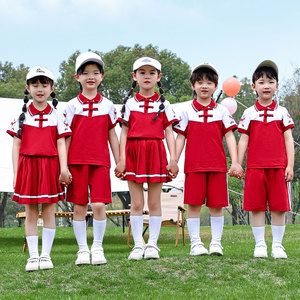 幼儿园园服夏季儿童学院新中式红色运动校服套装小学生班服两件套