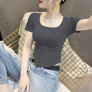 螺纹短袖T恤女2024夏季新款紧身设计感不规则体恤黑色显瘦上衣潮