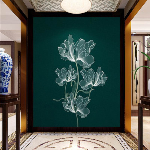 古典中式墙布独秀刺绣茶室过道走廊入户玄关背景壁布孔雀寿山石0人